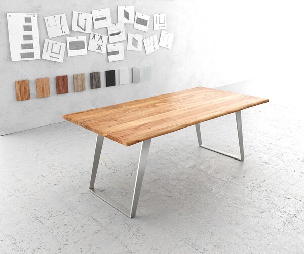 DELIFE Jedálenský stôl Edge 200x100 cm akácia prírodná nerezová oceľ strieborná skosený Live-Edge