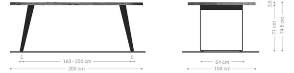 DELIFE Jedálenský stôl Edge 200x100 cm akácia hnedá nerezová oceľ strieborná skosený Live-Edge