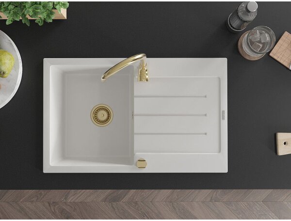 Mexen Bruno žulový drez s odkvapkávačom a kuchynskou batériou Telma, biela - 6513-20-670200-50