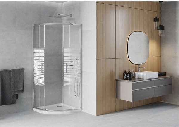 Mexen Rio sprchová kabína polkruhová 90 x 90 cm, biele pruhy, chróm + vanička Flat, biela - 863-090-090-01-20-4110