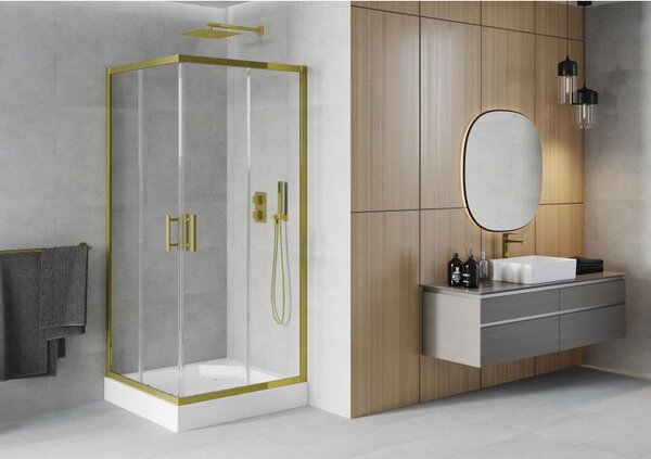 Mexen Rio štvorcový sprchovací kút 90 x 90 cm, transparentný, zlatý + sprchová vanička Rio, biela - 860-090-090-50-00-4510