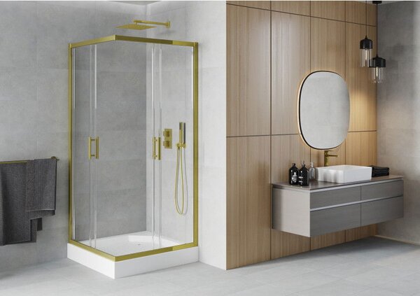 Mexen Rio štvorcový sprchovací kút 90 x 90 cm, transparentný, zlatý + sprchová vanička Rio, biela - 860-090-090-50-00-4510