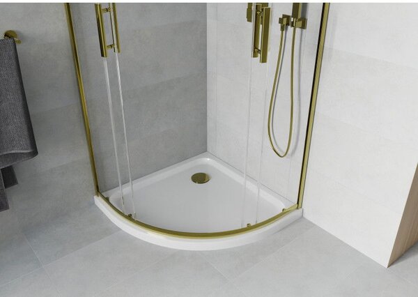 Mexen Rio polkruhová sprchová kabína 90 x 90 cm, transparentná, zlatá + vanička Flat, biela - 863-090-090-50-00-4110G