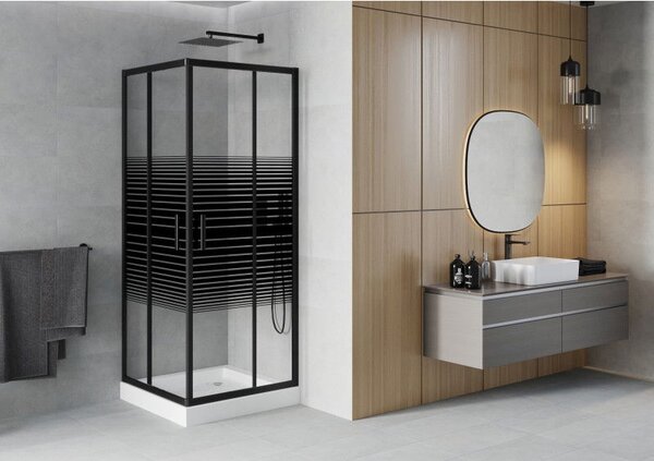 Mexen Rio štvorcová sprchová kabína 80 x 80 cm, čierne pásy, čierna + sprchová vanička, biela - 860-080-080-70-20-4510