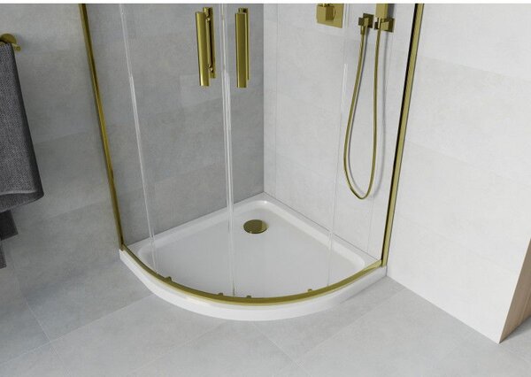 Mexen Rio polkruhová sprchová kabína 90 x 90 cm, transparentná, zlatá + vanička Flat, biela - 863-090-090-50-00-4110G