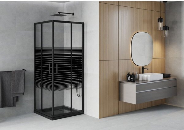 Mexen Rio štvorcová sprchová kabína 80 x 80 cm, čierne pásy, čierna + plytká vanička, čierna - 860-080-080-70-20-4070B