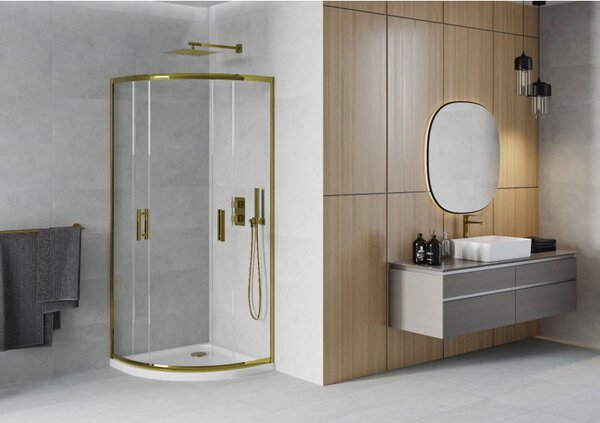 Mexen Rio polkruhová sprchová kabína 90 x 90 cm, transparentná, zlatá + vanička Flat, biela - 863-090-090-50-00-4110G