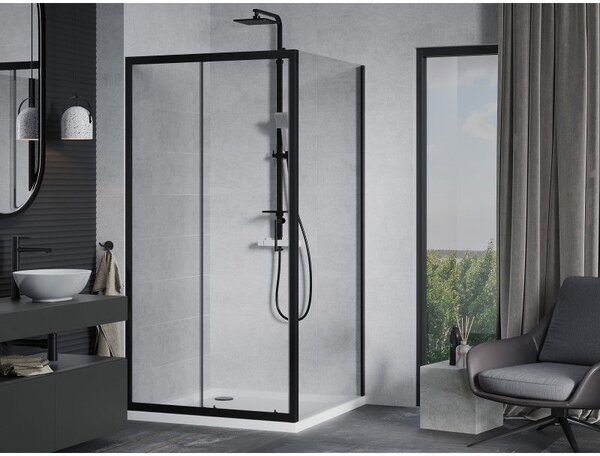 Mexen Apia sprchová kabína posuvná 90 x 90 cm, transparentná, čierna + vanička Flat, biela- 840-090-090-70-00-4010B