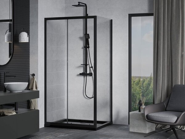 Mexen Apia posuvná sprchová kabína 90 x 70 cm, transparentná, čierna + vanička Flat, čierna - 840-090-070-70-00-4070B