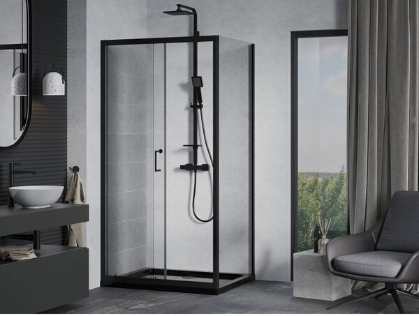 Mexen Apia posuvná sprchová kabína 90 x 70 cm, transparentná, čierna + vanička Flat, čierna - 840-090-070-70-00-4070B