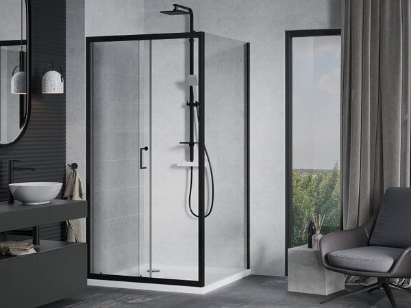 Mexen Apia sprchová kabína posuvná 90 x 90 cm, transparentná, čierna + vanička Flat, biela- 840-090-090-70-00-4010B