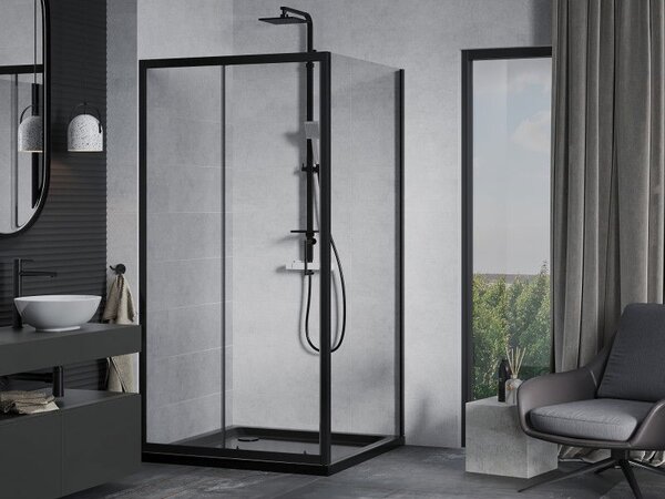 Mexen Apia sprchová kabína posuvná 90 x 90 cm, transparentná, čierna + vanička Flat, čierna - 840-090-090-70-00-4070B