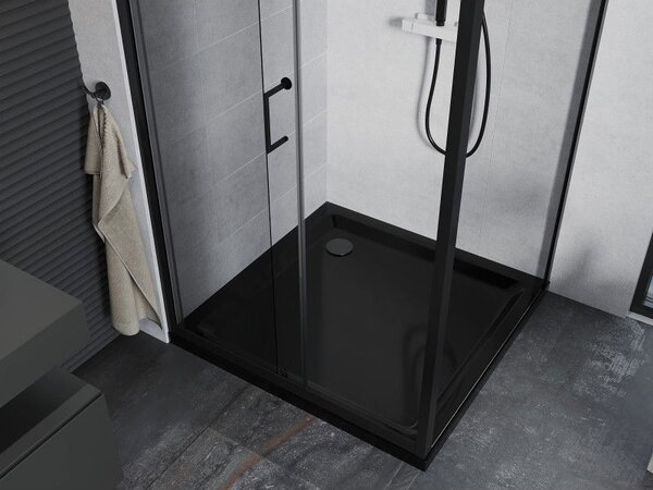 Mexen Apia sprchová kabína posuvná 90 x 90 cm, transparentná, čierna + vanička Flat, čierna - 840-090-090-70-00-4070B