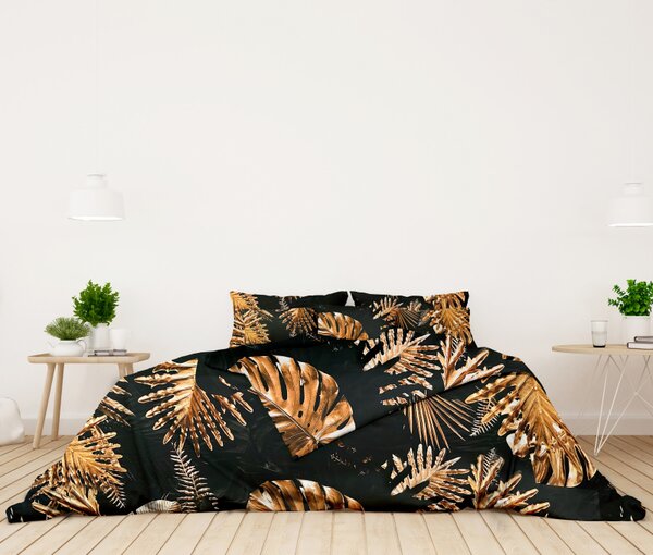 Ervi Bavlnené Saténové obliečky DELUXE - Monstera na čiernom