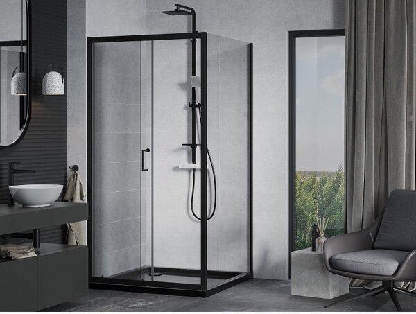 Mexen Apia sprchová kabína posuvná 90 x 90 cm, transparentná, čierna + vanička Flat, čierna - 840-090-090-70-00-4070B