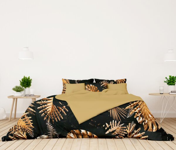 Ervi Bavlnené Saténové obliečky DELUXE DUO - Monstera na čiernom/zlaté
