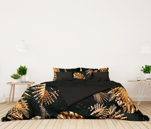 Ervi Bavlnené Saténové obliečky DELUXE DUO - Monstera na čiernom/čierne
