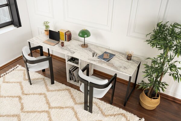 Kalune Design Kancelárska zostava pre 2 osoby TWIN biela mramorová/čierna
