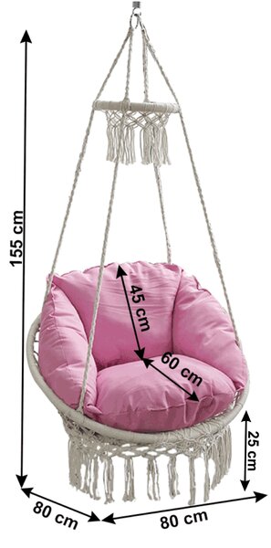 KONDELA Závesné hojdacie kreslo so strapcami, biela/ružová, DELUS