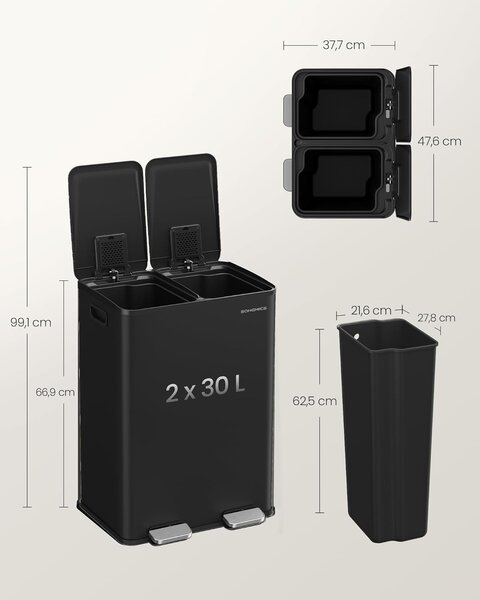 SONGMICS Odpadkový koš s víkem JORDAN 2x30 L černý II
