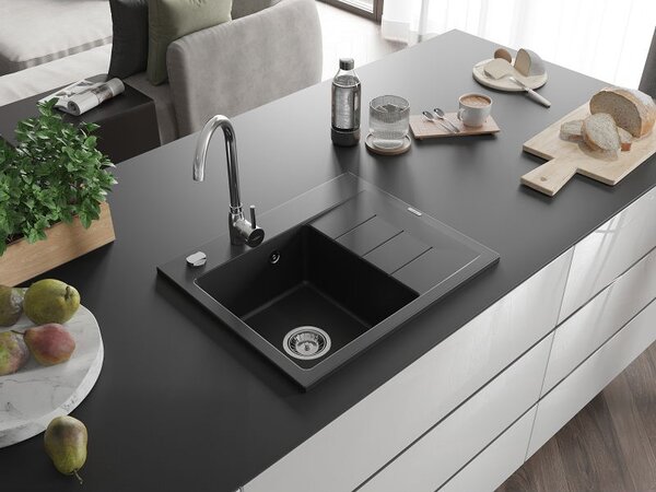 Mexen Ben Granitový drez 1-komorový s odkvapkávačom, ľavý 600 x 500 mm, čierny, chrómový sifón - 6522605000-77