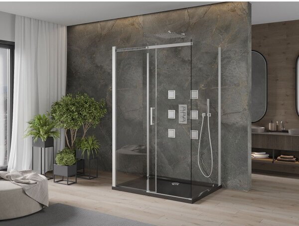 Mexen Omega-3S sprchovací kút 3-stenný, posuvný 110x80 cm, transparentný, chróm + vanička Flat - 825-110-080-01-00-3s-4070