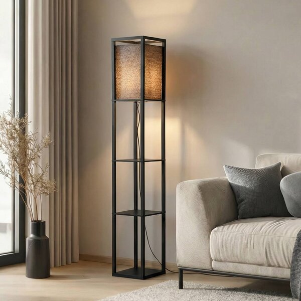 Lindby stojacia lampa Birta, čierna, polička, drevo, 159 cm, Čierna, Obývacia izba / jedáleň, Drevo, Moderný