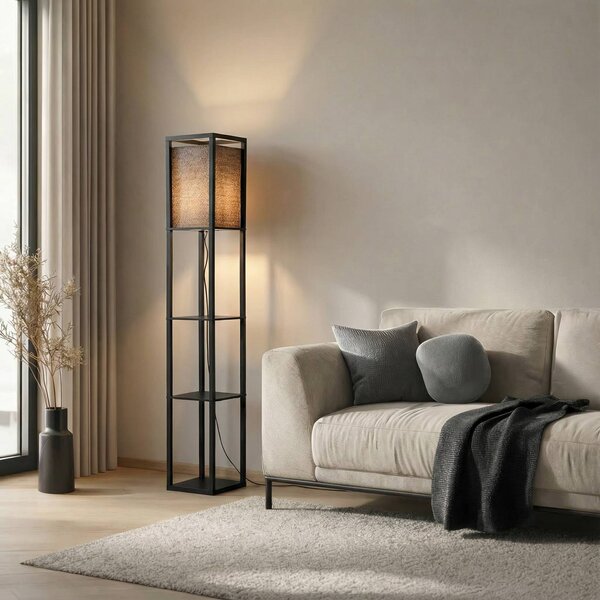 Lindby stojacia lampa Birta, čierna, polička, drevo, 159 cm, Čierna, Obývacia izba / jedáleň, Drevo, Moderný