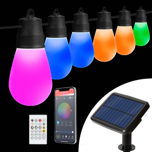 LED RGBIC Solárny reťaz 30xLED/1,3W/3,7V 2200 mAh 14,37 m IP65 čierna + diaľkové ovládanie