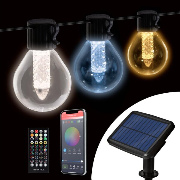 LED stmievateľná solárna svetelná reťaz 15xLED/1,5W/3,7/5V 2200 mAh 9 m IP65 čierna + diaľkové ovládanie