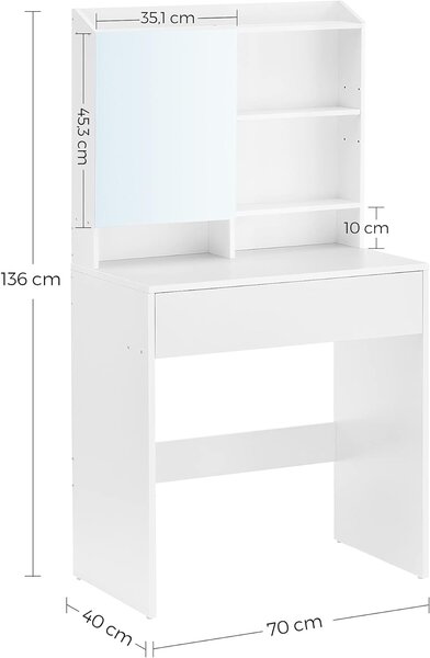 VASAGLE Toaletný stolík so zrkadlom 70 x 136 x 40 cm biely