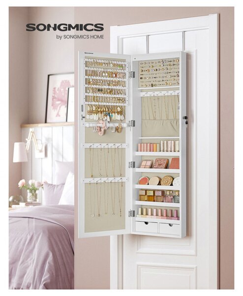 SONGMICS Nástenná šperkovnica so zrkadlom 37 x 120 x 10 cm biela