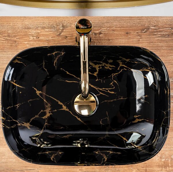 Rea Belinda Marble, umývadlo na dosku 47x34 cm, čierna lesklá-vzor Marble, REA-U8907