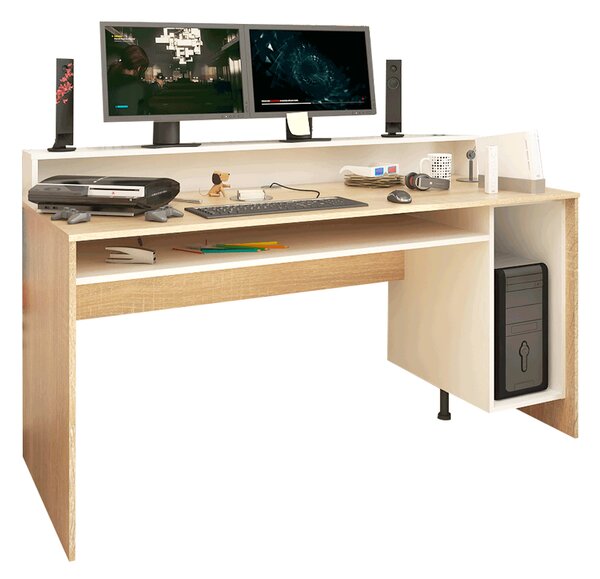 KONDELA PC stôl/herný stôl, dub sonoma/biela, TEZRO NEW