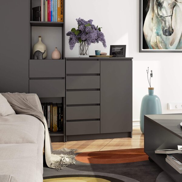 Ak furniture Komoda JERRY 80 cm 1 dvere 5 zásuviek antracitovo sivá