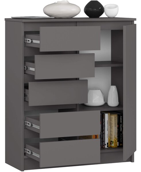 Ak furniture Komoda JERRY 80 cm 1 dvere 5 zásuviek antracitovo sivá