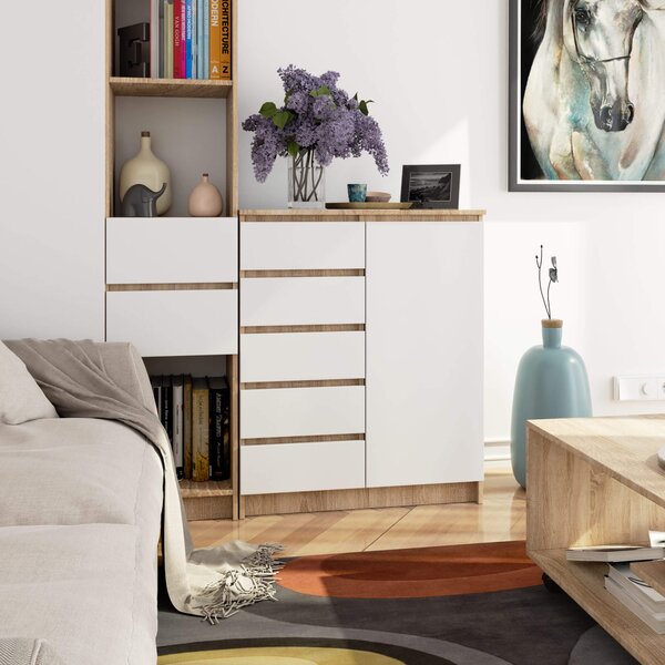 Ak furniture Komoda JERRY 80 cm 1 dvere 5 zásuviek dub sonoma/biela