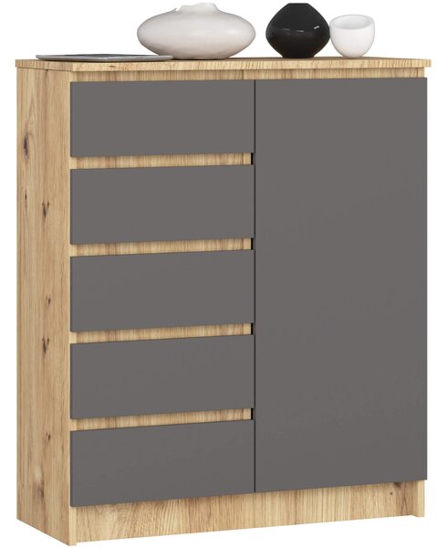 Ak furniture Komoda JERRY 80 cm 1 dvere 5 zásuviek dub artisan/antracitovo šedá