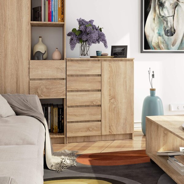Ak furniture Komoda JERRY 80 cm 1 dvere 5 zásuviek dub sonoma