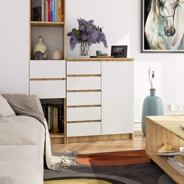 Ak furniture Komoda JERRY 80 cm 1 dvere 5 zásuviek biela/dub artisan