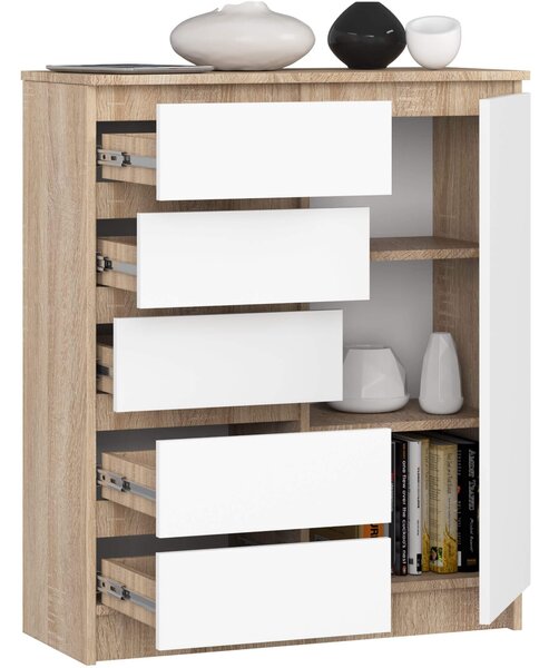 Ak furniture Komoda JERRY 80 cm 1 dvere 5 zásuviek dub sonoma/biela