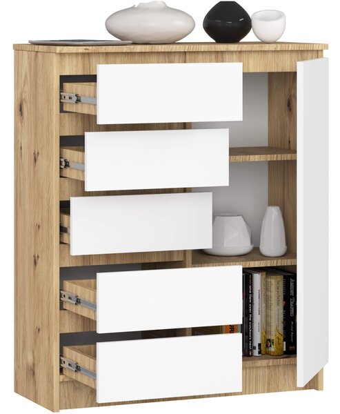 Ak furniture Komoda JERRY 80 cm 1 dvere 5 zásuviek biela/dub artisan