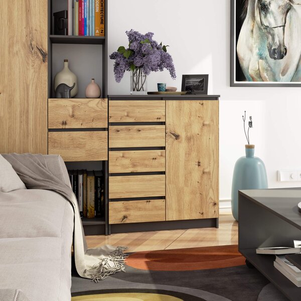 Ak furniture Komoda JERRY 80 cm 1 dvere 5 zásuviek grafitová/dub artisan
