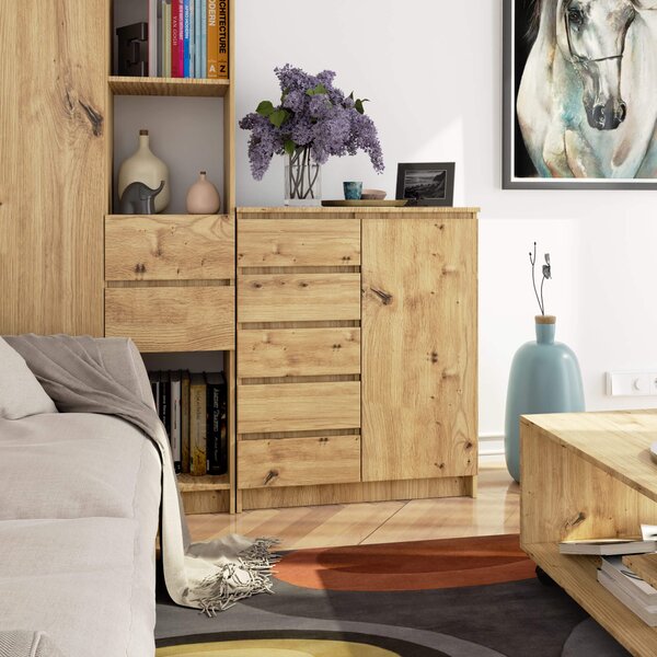 Ak furniture Komoda JERRY 80 cm 1 dvere 5 zásuviek remeselný dub