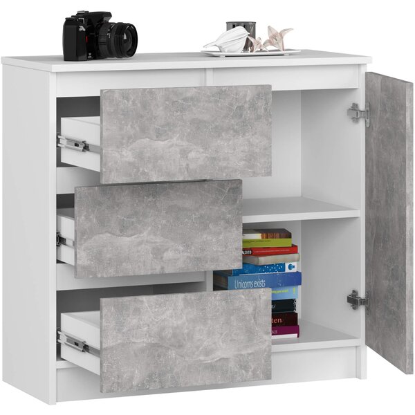 Ak furniture Komoda JERRY K 80 cm 1 dvere 3 zásuvky biela/betón