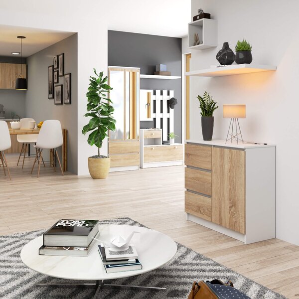 Ak furniture Komoda JERRY K 80 cm 1 dvere 3 zásuvky biela/dub sonoma