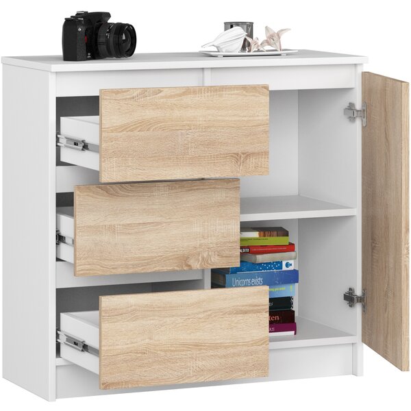 Ak furniture Komoda JERRY K 80 cm 1 dvere 3 zásuvky biela/dub sonoma