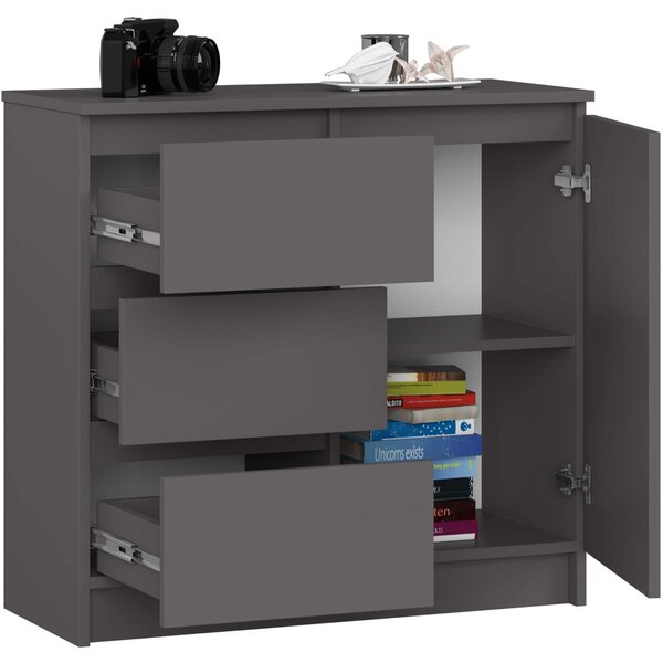 Ak furniture Komoda JERRY K 80 cm 1 dvere 3 zásuvky grafitovo šedá