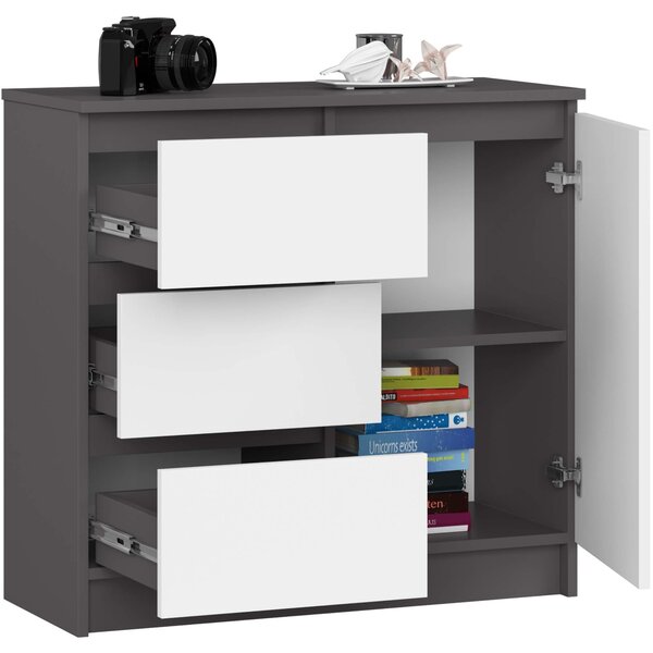 Ak furniture Komoda JERRY K 80 cm jedny dvere 3 zásuvky šedá/biela