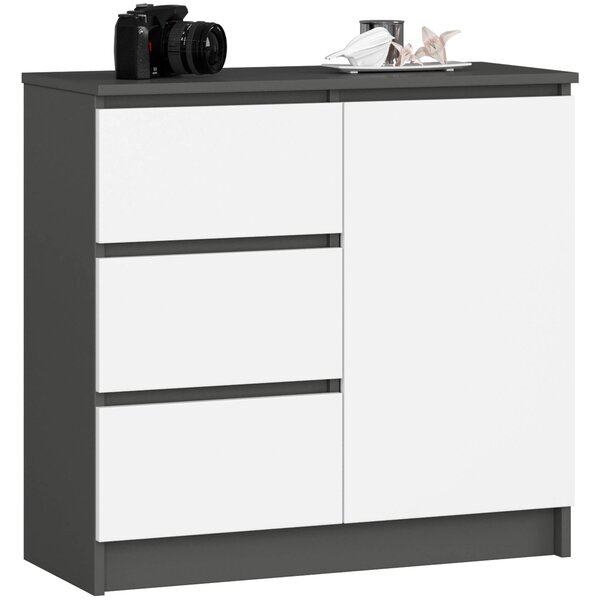 Ak furniture Komoda JERRY K 80 cm jedny dvere 3 zásuvky šedá/biela